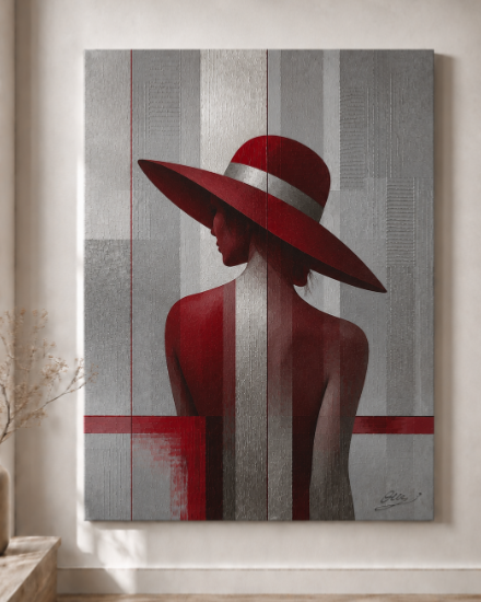 Tableau portrait femme moderne chapeau rouge gris design - artiste peintre Eva Jekins 