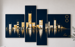 Tableau Abstrait Manatthan Bleu Nuit Doré Blanc- Artiste Eva Jekins