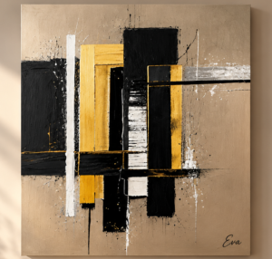 Tableau Peinture Carré Beige Sable doré noir Abstrait Reliefs  - Artiste peintre Eva Jekins