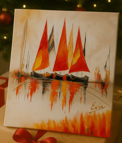 Tableau Voiliers « Voiles de Feu » – Œuvre Originale Signée Eva Jekins (Série Limitée)