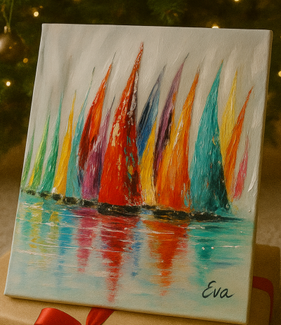 Tableau Voiliers « Voiles Arc-en-Ciel » – Œuvre Originale Signée Eva Jekins (Série Limitée)