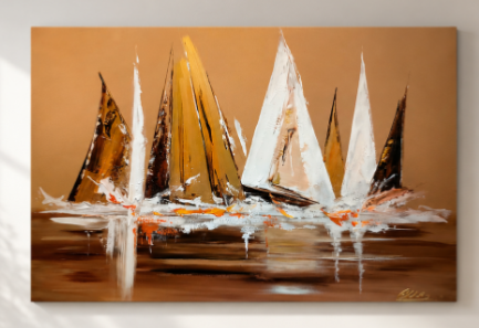 Tableau XXL Voiliers Blanc Beige Doré  peinture 120x80cm - Artiste Eva Jekins