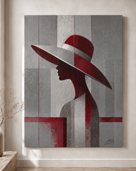 Tableau Portrait femme chapeau rouge gris métal - Artiste Eva Jekins