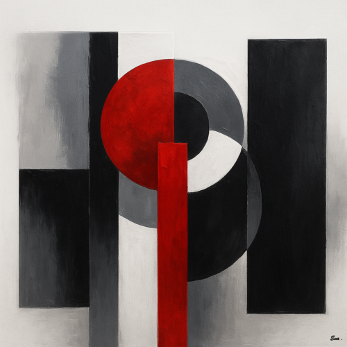 Tableau abstrait design rouge noir gris – Art géométrique peint à la main