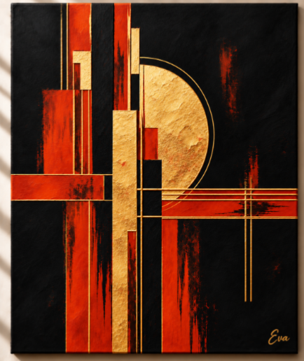 Tableau abstrait peint main Gold Sunset noir rouge doré