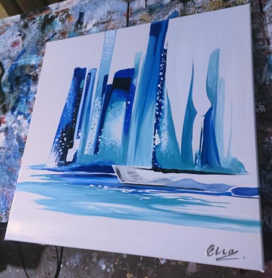 Tableau peinture bateaux bleu voiliers abstrait 