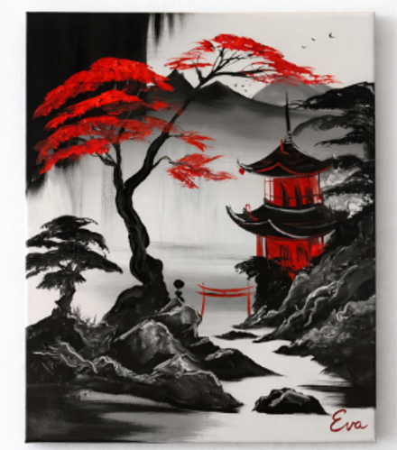Tableau Paysage Japonais Noir Gris Rouge - Peint à la main - Artiste Eva Jekins