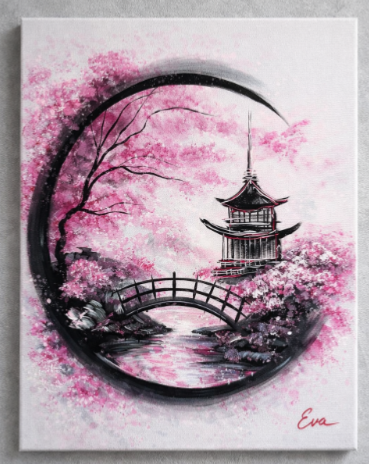 Tableau peint main Temple et cerisiers japonais 