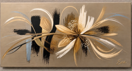 Tableau panoramique Choco Beige Doré Fleur moderne - Artiste Eva Jekins