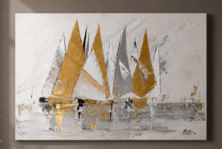 Tableau Chic Blanc Ivoire Doré Métal Marine Bateaux - Artiste Eva Jekins