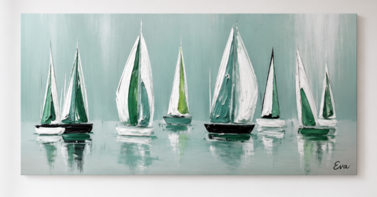 Tableau moderne bateaux marine xxl panoramique vert sauge émeraude céladon Eva Jekins