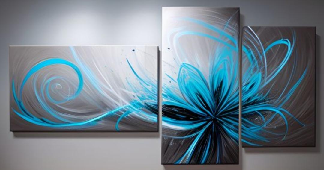 Tableau Triptyque peinture bleu fleur moderne 