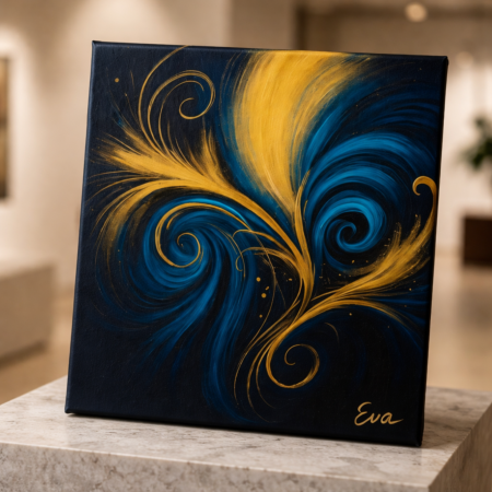 Tableau Abstrait Bleu Canard Doré - Peint main et signé Eva Jekins