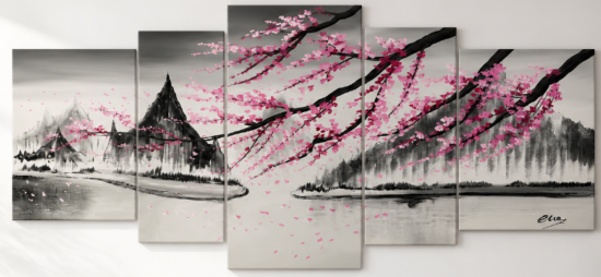 Tableau peint main Paysage Japonais Fleurs de cerisier Eva Jekins