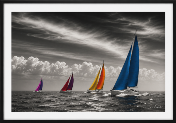 Affiche d'art de Bretagne – Monochrome Régate Voiliers Colorés| Tirage d'art signé