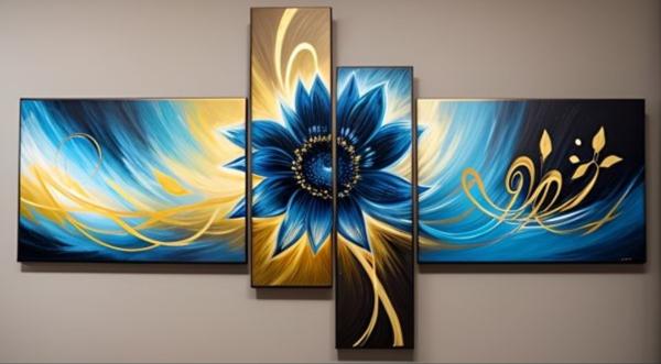 Tableau peinture Fleur Bleu or design Abstrait - Artiste Eva Jekins 