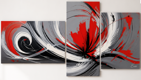 Tableau peinture triptyque rouge gris abstrait Fleur Eva Jekins