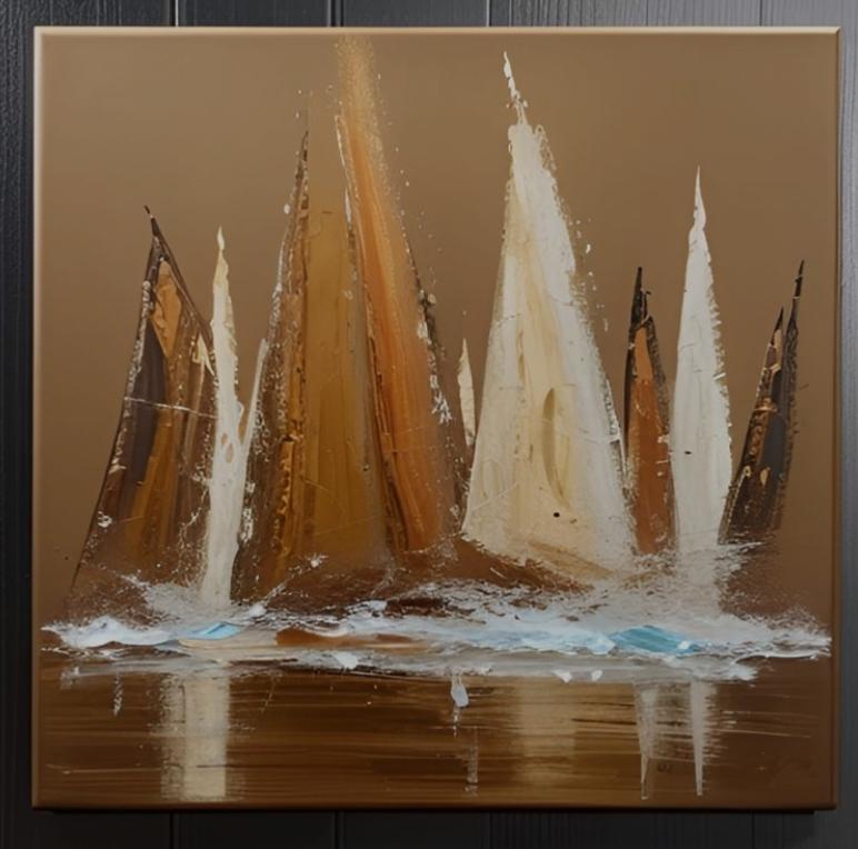 Tableau peinture bateaux beige doré 