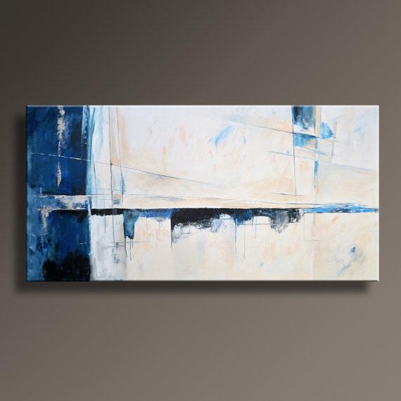 Grand tableau Abstrait Blanc et Bleu  peint main