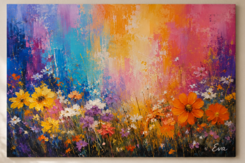 Tableau Champ de Fleurs coloré moderne xxl - Artiste Eva Jekins