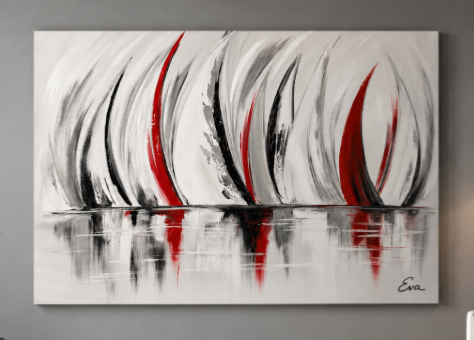 Tableau Elégance Marine Blanc gris rouge métal - Peint à la main par Eva Jekins