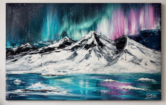 Tableau peint main Aurores Boréales moderne Eva Jekins