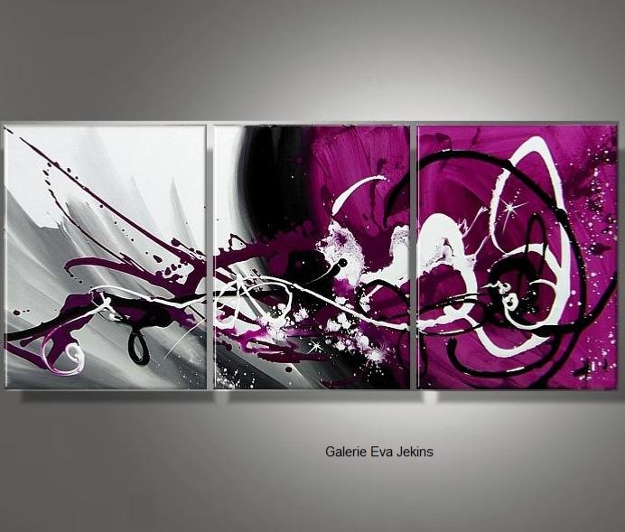 Grand Triptyque Abstrait Signature Violet fushia - Artiste EVA JEKINS