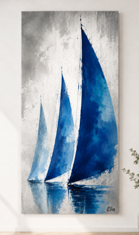 Tableau Vertical XXL Voiles Bleues - Artiste peintre Eva Jekins