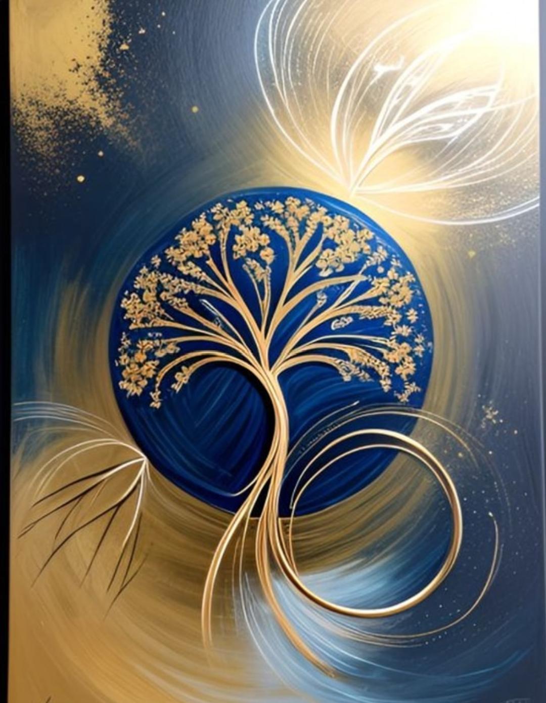 Tableau peint à la main arbre bleu canard or design Eva Jekins 