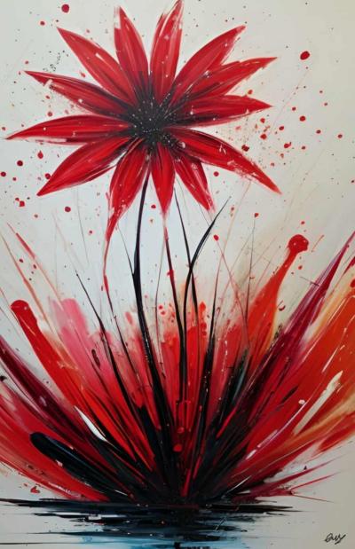 Tableau peinture Fleur Rouge Noir Japonaise- Artiste Eva Jekins
