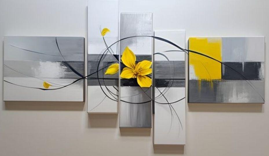 Tableau peinture Fleurs Jaune gris peint à la main 