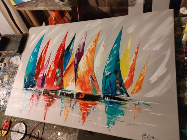 Grand tableau Panoramique Marine Design Coloré peint à la main