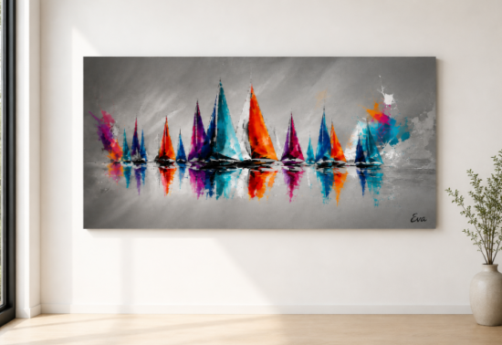 Tableau Panoramique Gris Voiles Colorées - Artiste Eva Jekins 