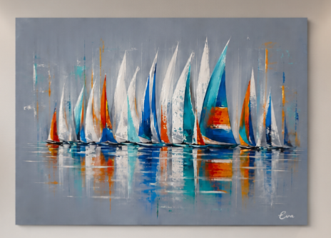 Tableau Marine Design XXL voiliers Gris orangé bleu - Artiste Eva Jekins