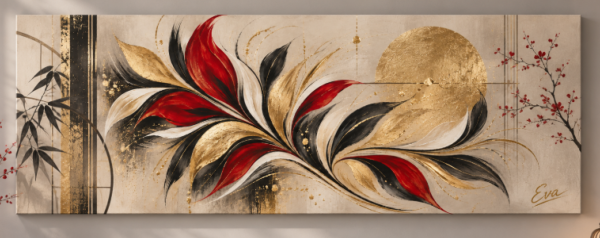 Tableau Japandi Feuilles Doré Beige  - Peint à la main par Eva Jekins