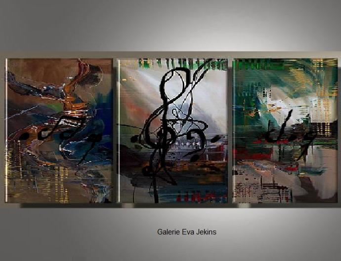 Grand Tableau Triptyque Musique Abstrait Coloré - Artiste EVA JEKINS