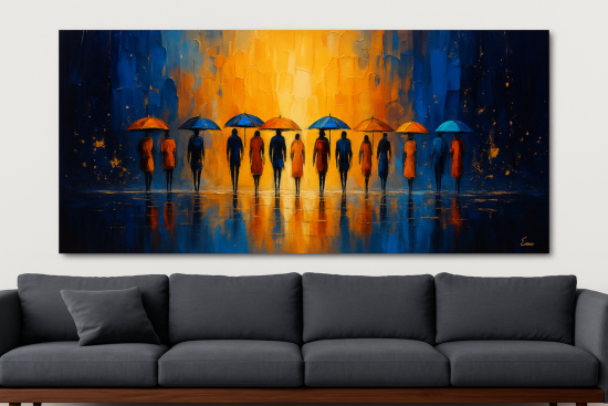 Silhouettes Colorées jaune moutarde et bleu canard nuancé – Tableau Grand format XXL 160x80 cm | Peinture moderne marine haut de gamme