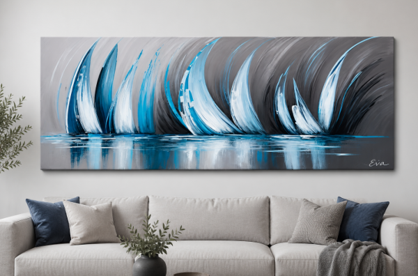 Grand Tableau design Panoramique Marine Excellence Nuances de Bleu - Peinture sur toile signée Eva Jekins