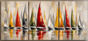 Tableau moderne peint à la main Voiles rouge vert jaune moutarde  - Artiste peintre Eva Jekins