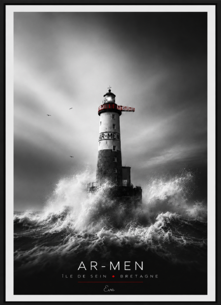 Affiche d'art de Bretagne – Phare D'Ar-Men version Monochrome| Tirage d'art signé