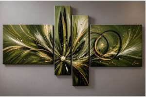 Tableau Moderne Vert Olive nuancé doré - Peint à la main par Eva Jekins