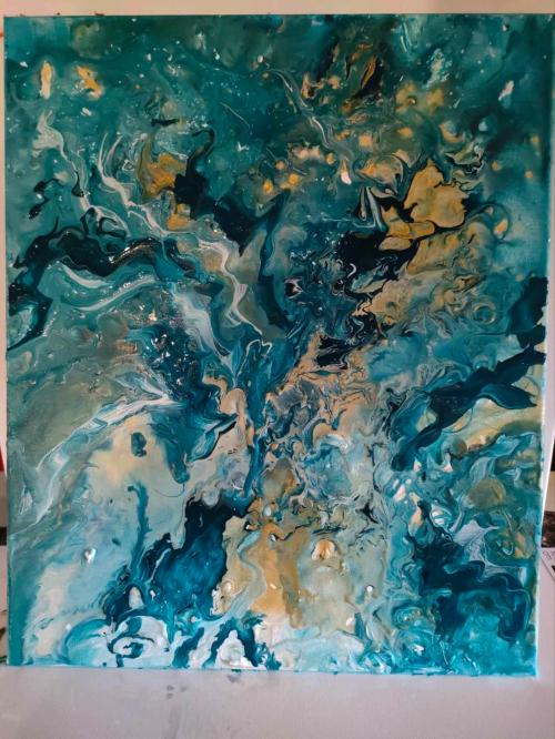 Tableau abstrait Bleu canard doré et blanc