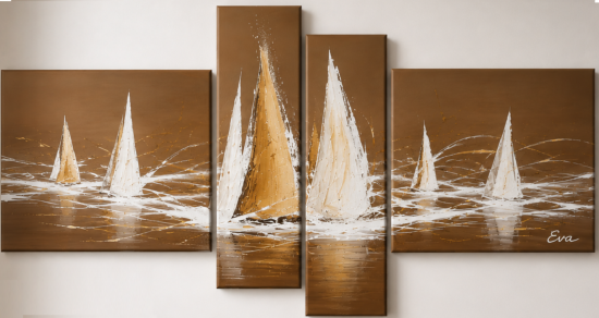 Tableau Beige Doré Blanc voiles abstraites Elégantes Bateaux Eva Jekins