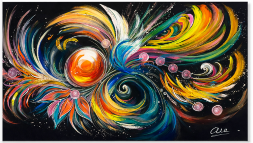 Tableau panoramique abstrait Panache Orangé et Bleu moderne - Artiste Eva Jekins - Renaissance