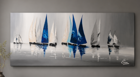 Tableau panoramique voiles gris bleu  - Artiste Eva Jekins