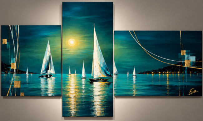 Tableau moderne triptyque Voiles Bleu Vert - Collection Excellence - Peint à la main par Eva Jekins