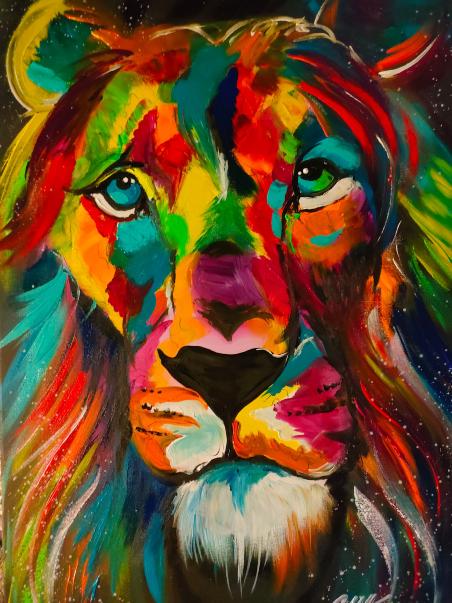 Tableau Lion Multicolore peint à la main