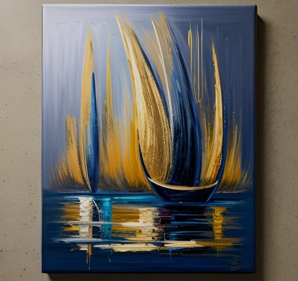 Tableau peinture Moderne marine bleu canard or