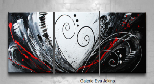 Grand Triptyque Coeur Abstrait Gris Noir Rouge - Artiste EVA JEKINS