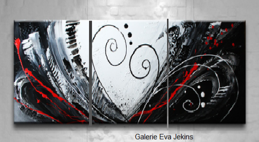 Grand Triptyque Coeur Abstrait Gris Noir Rouge